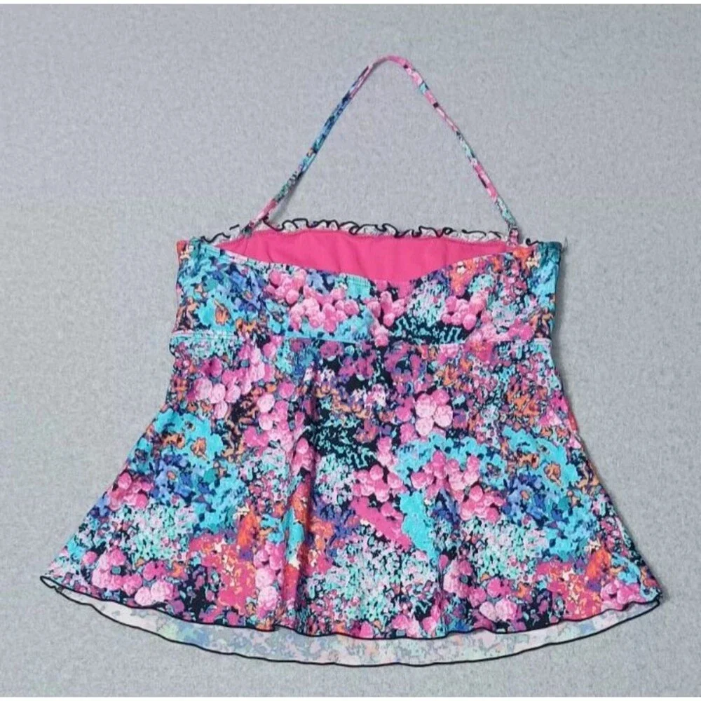 Kenneth Cole Reaction Bandeau Tankini Top L Watercolor Halter Smocked Swimsuit
